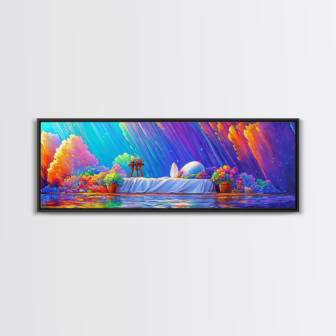 Surreal White Bed With Moonlit Egg Framed Canvas Print, Whimsical Wall Art, Maximalist Decor, Romantic Dreamy Bedroom Wall Decor