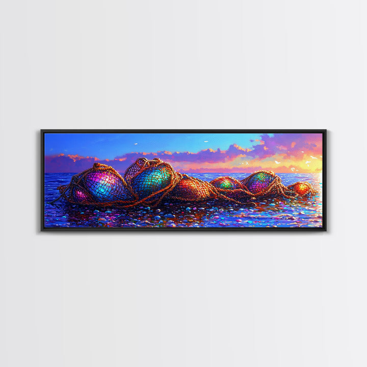 Rainbow Fishing Nets On Pebble Shore Framed Canvas Print, Coastal Wall Art, Beach House Decor, Nautical Living Room Decor