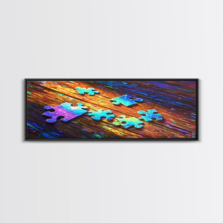 Rainbow Puzzle Pieces On Wood Table Canvas Print, Game Room Wall Art, Colorful Abstract Art, Playroom Decor, Unique Gift