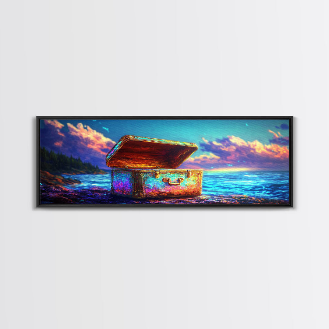 Open Treasure Chest On Neon Beach Canvas Print, Coastal Wall Art, Fantasy Ocean Decor, Beach House Decor, Housewarming Gift