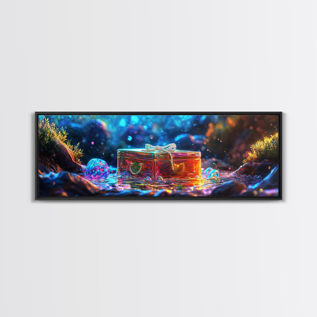 Glass Treasure Box In Magical Stream Framed Canvas Print, Fantasy Wall Art, Nature Inspired Art, Whimsical Home Decor, Gift