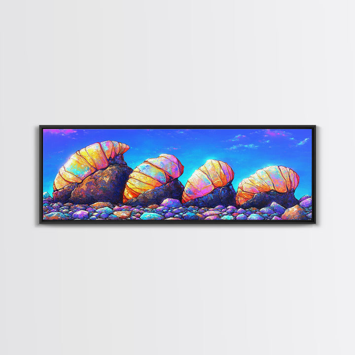 Iridescent Hermit Crabs On Pebble Shore Canvas Print, Coastal Wall Art, Beach House Decor, Ocean Art, Nautical Decor, Gift