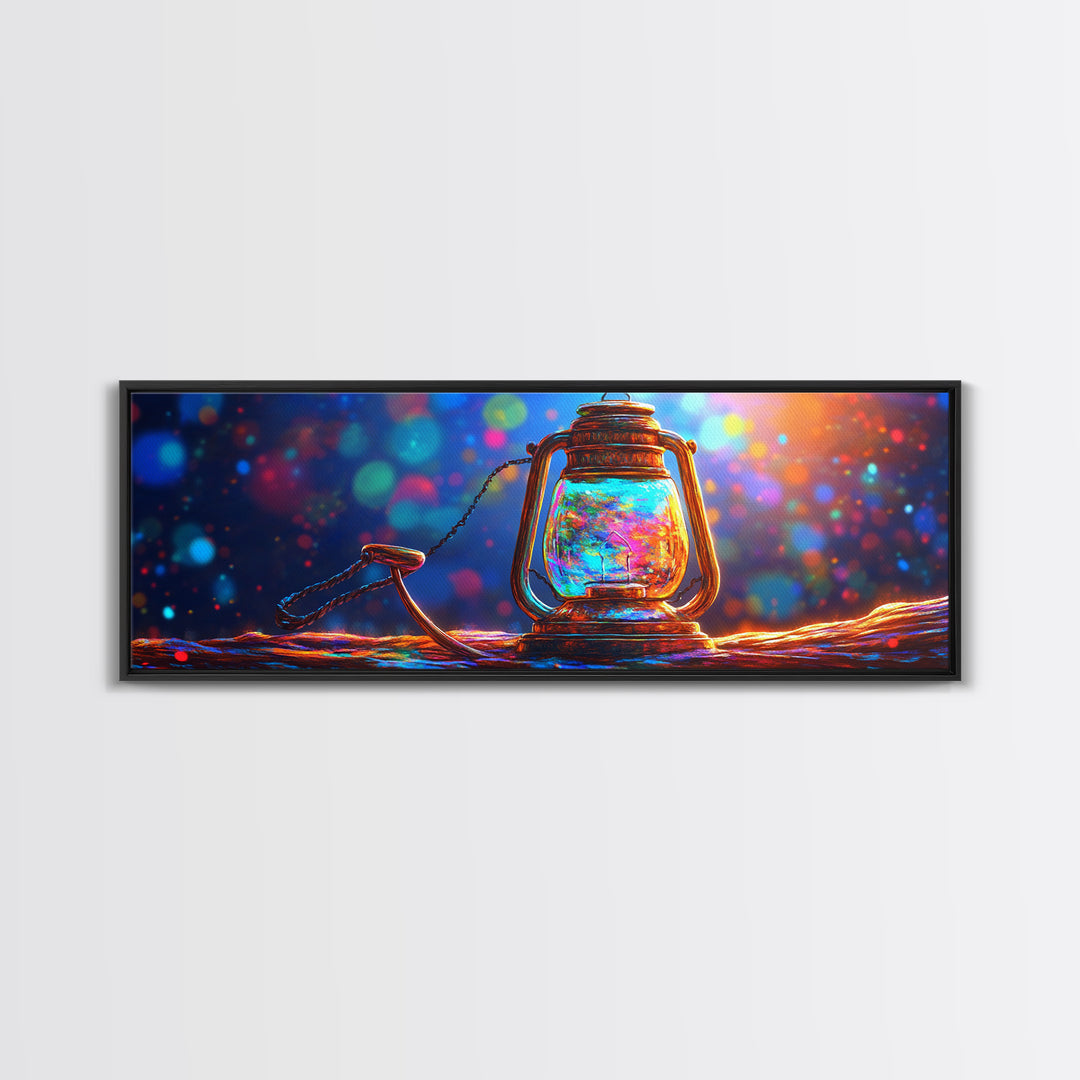 Glowing Jar Lantern With Rope Framed Canvas Print, Colorful Rustic Wall Art, Coastal Cabin Decor, Unique Housewarming Gift