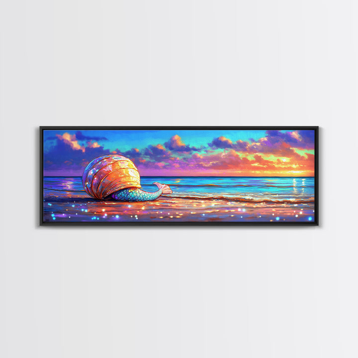 Glowing Seashell Mermaid Tail Wall Art, Coastal Canvas Print, Beach House Decor, Ocean Sunset Art For Nautical Nursery Room