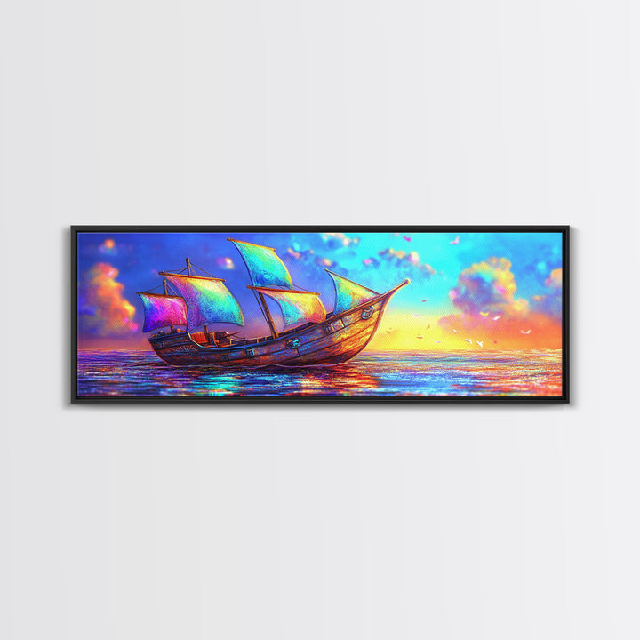 Colorful Fantasy Sailboat At Sunset Canvas Print, Nautical Coastal Wall Art, Ocean Landscape Decor, Beach House Gift Idea