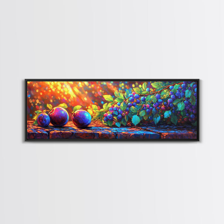 Sunlit Plums And Grapes Wall Art, Vibrant Fruit Canvas Print For Kitchen Decor, Winery Decor And Rustic Country Decor And Dining Room Prints