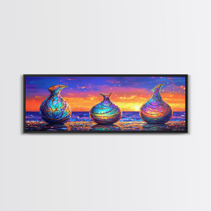 Iridescent Glass Vases At Ocean Sunset Framed Canvas Print, Coastal Wall Art, Colorful Still Life, Beach House Decor Gift