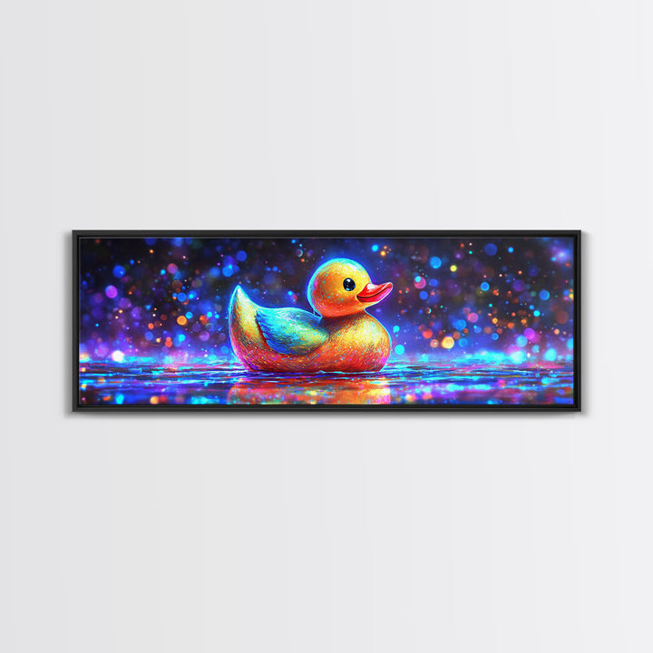 Rainbow Rubber Duck On Sparkling Water Wall Art, Whimsical Bathroom Decor, Kids Room Art, Cute Animal Canvas Print, Gift For Kids