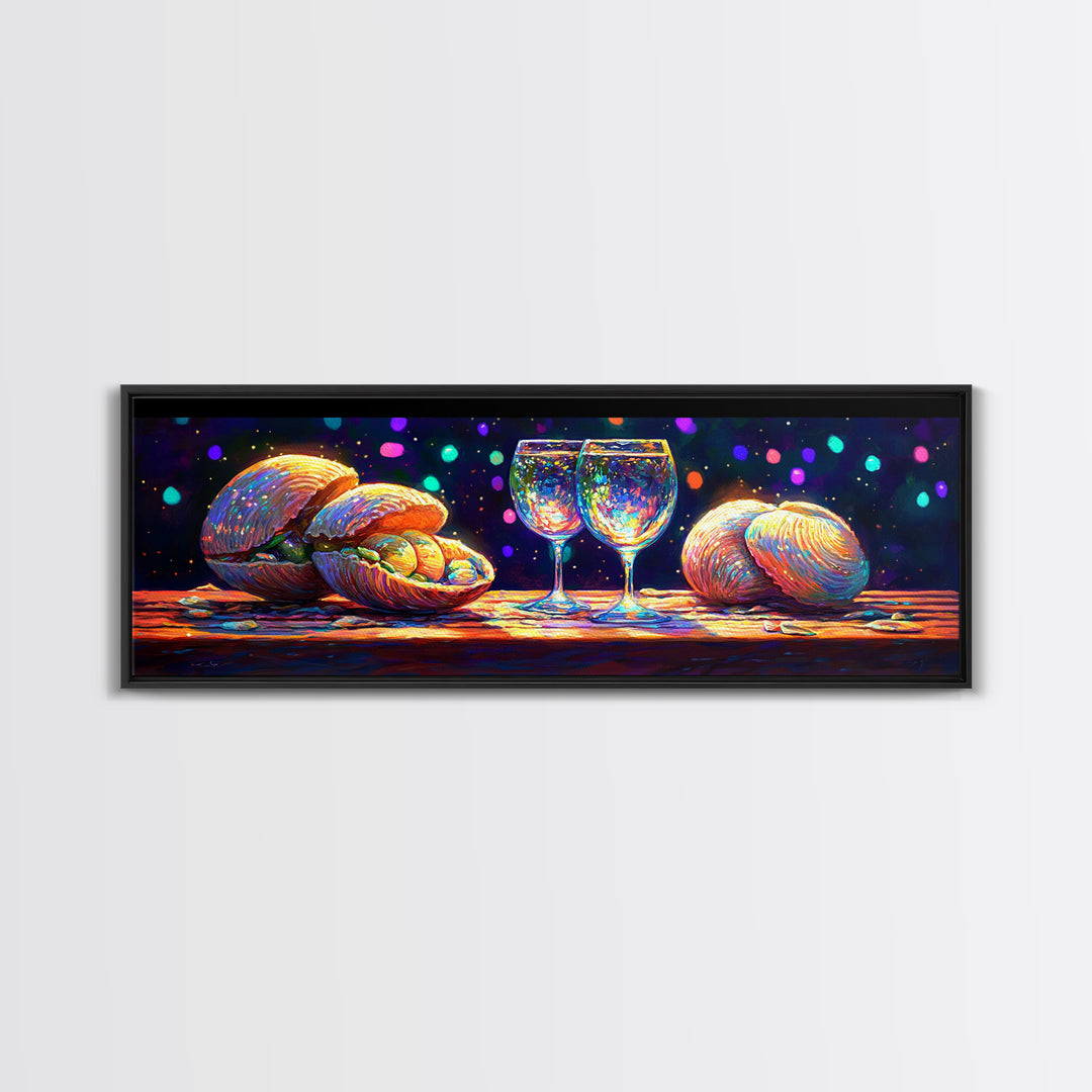 Iridescent Seashells And Wine Glasses Canvas Print, Coastal Kitchen Wall Art, Beach House Decor, Dining Room Print, Gift For Her