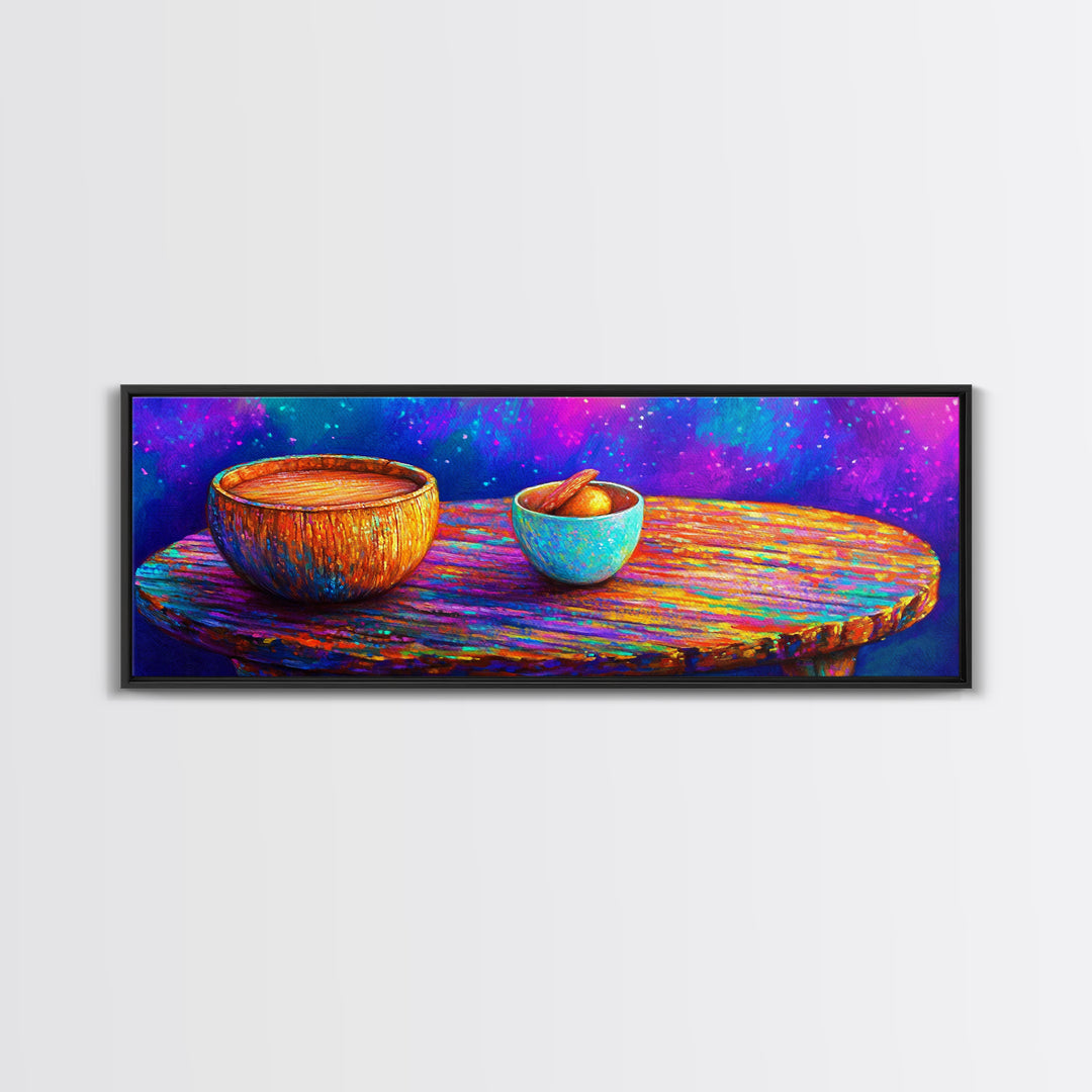 Rainbow Wooden Table And Bowls Canvas Print, Colorful Still Life Wall Art, Modern Kitchen Decor, Dopamine Dining Room Print