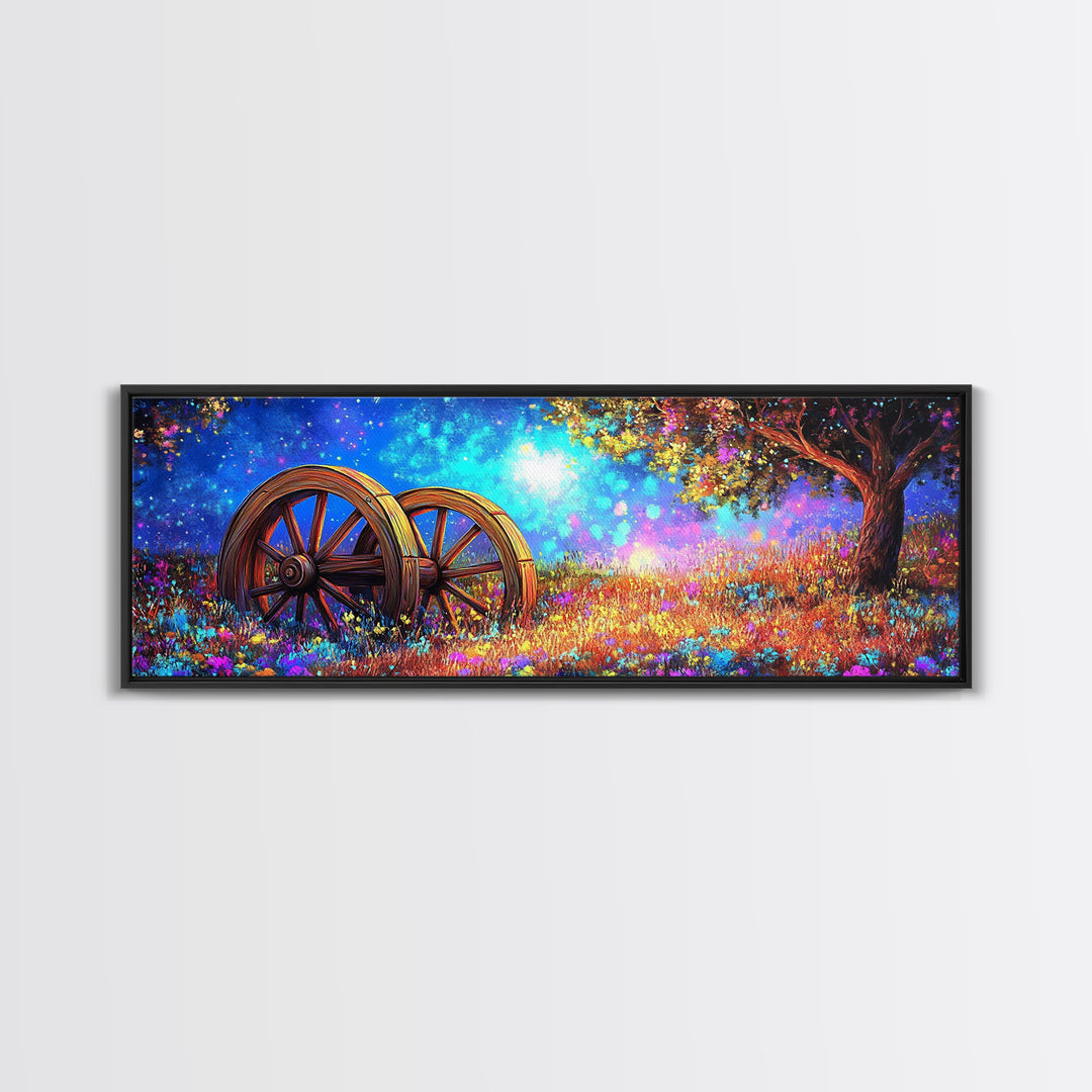 Starry Meadow Wagon Wheels Framed Canvas Print, Rustic Country Wall Art, Whimsical Landscape Decor, Farmhouse Home Gift