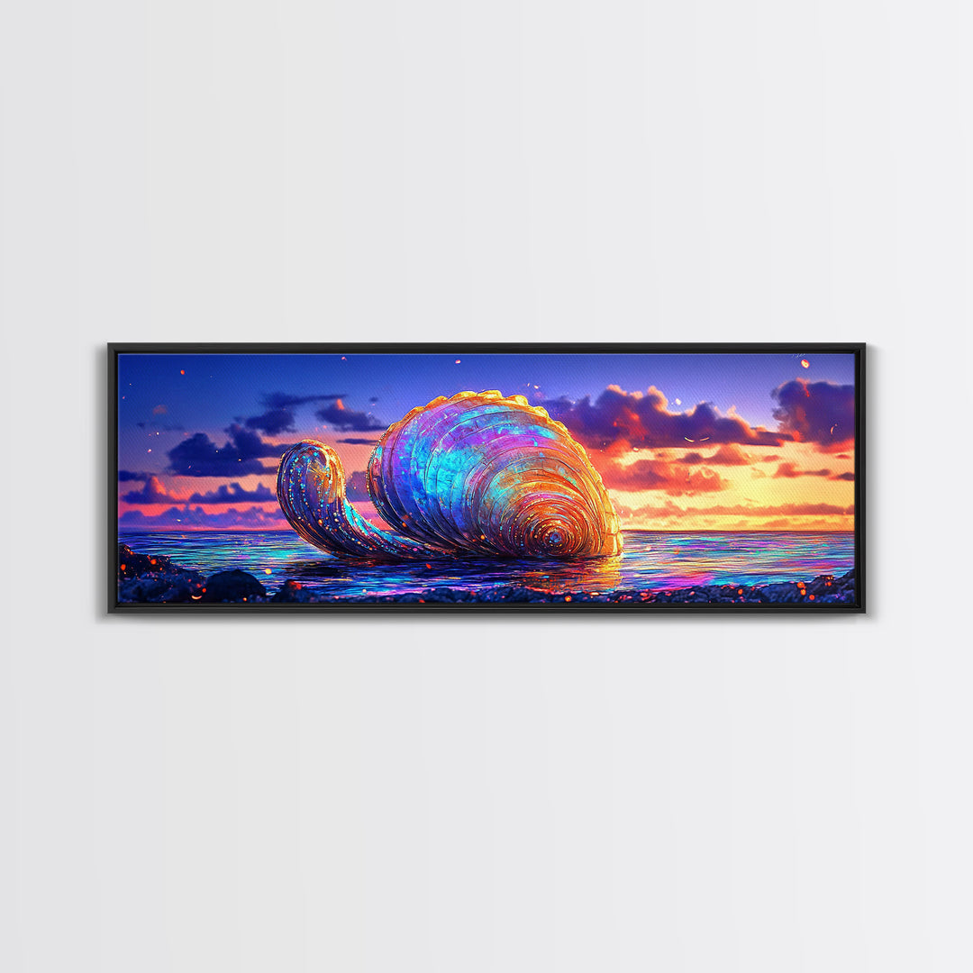Giant Iridescent Seashell At Ocean Sunset Wall Art, Coastal Canvas Print For Beach House Living Room Decor And Nautical Gift