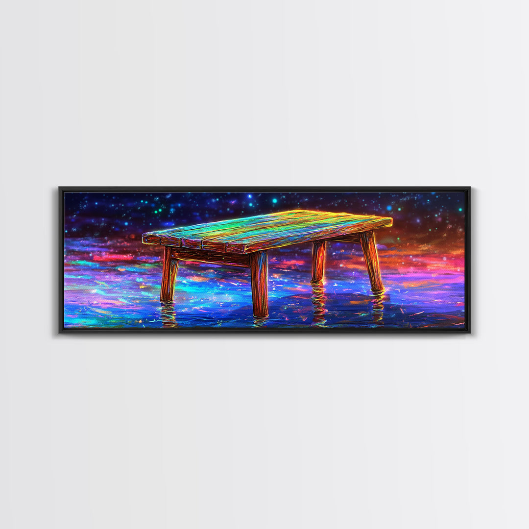 Glowing Wooden Dock Over Reflective Water Wall Art, Starry Landscape Canvas Print For Lake House Decor And Home Office Decor