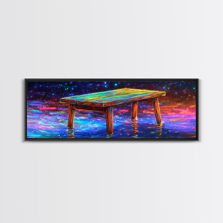 Glowing Wooden Dock Over Reflective Water Wall Art, Starry Landscape Canvas Print For Lake House Decor And Home Office Decor