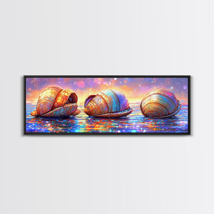 Iridescent Seashells On Sparkling Shore Wall Art, Coastal Canvas Print, Beach House Decor, Ocean Lover Gift For Her Home