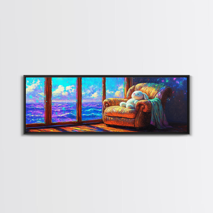 Cozy Bunny Armchair By Ocean Window Framed Canvas Print, Whimsical Nursery Wall Art, Beach House Bedroom Decor, Baby Gift