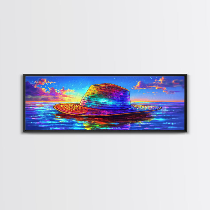 Rainbow Straw Hat Floating On Sunset Ocean Wall Art, Colorful Beach Decor, Coastal Canvas Print, Summer Vacation Poster Art