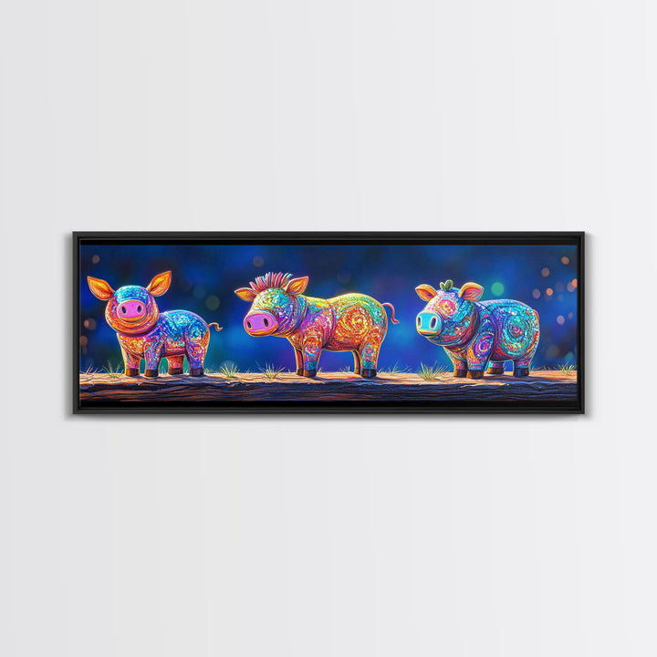 Three Rainbow Farm Animal Figures Wall Art, Colorful Animal Nursery Art, Whimsical Farmhouse Decor, Kids Room Canvas Print
