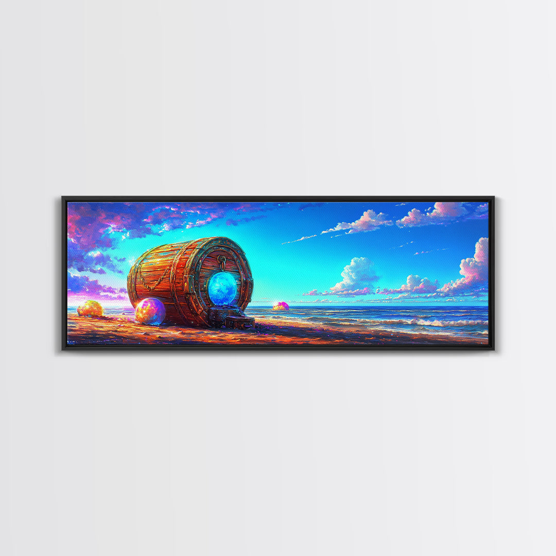 Glowing Barrel On Dreamy Seashore Framed Canvas Print, Coastal Wall Art, Beach House Decor, Surreal Ocean Wall Art, Nautical Decor
