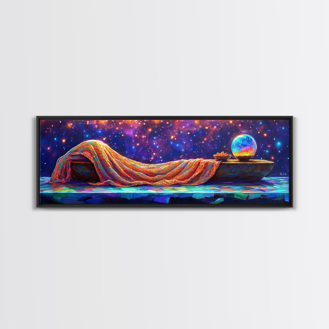 Dreamy Draped Bed Under Starry Sky Wall Art, Celestial Wall Art, Surreal Art, Whimsical Decor, Bedroom Wall Art, Modern Home Decor