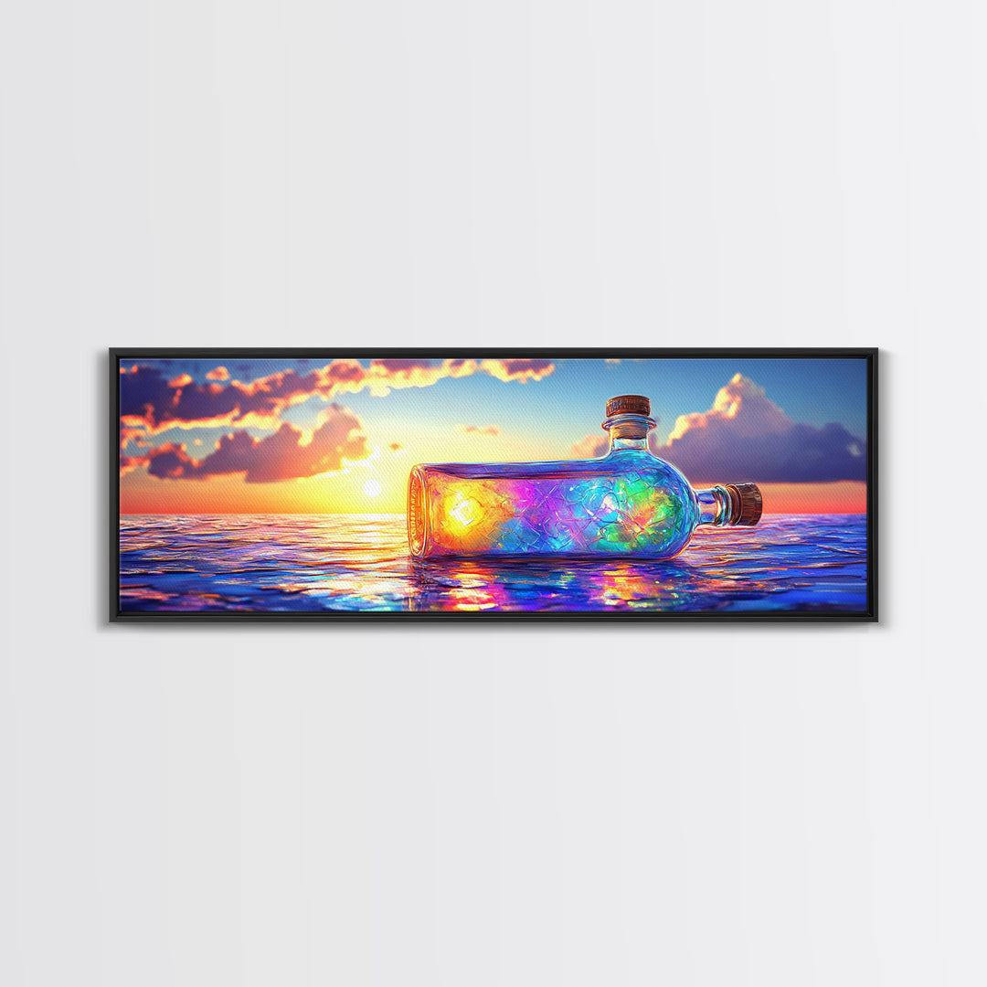 Glowing Message Bottle At Ocean Sunset Framed Canvas Print, Coastal Wall Art, Beach House Decor And Nautical Gift For Living Room