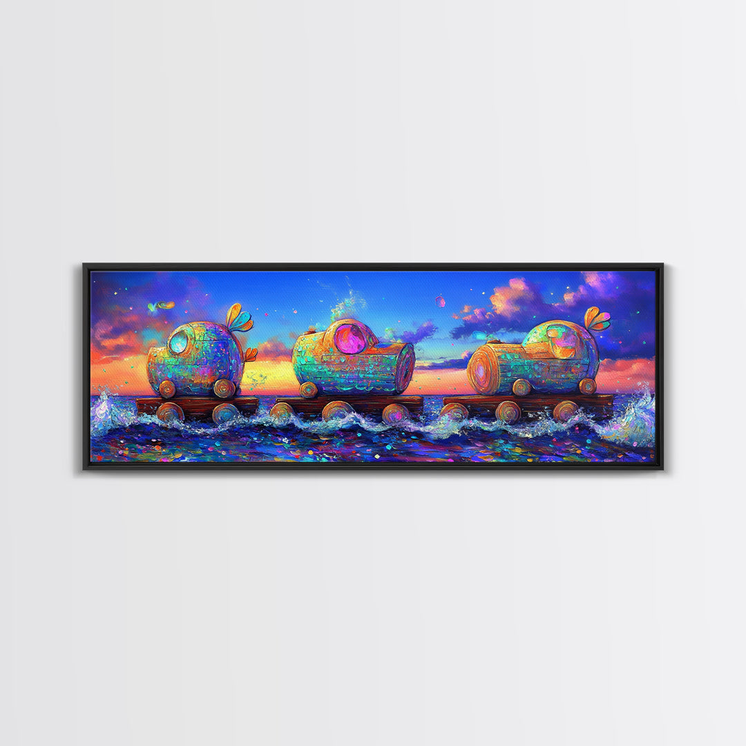 Whimsical Toy Train Rolling Through Ocean Waves Wall Art, Colorful Coastal Decor, Fantasy Nursery Art, Playroom Canvas Print