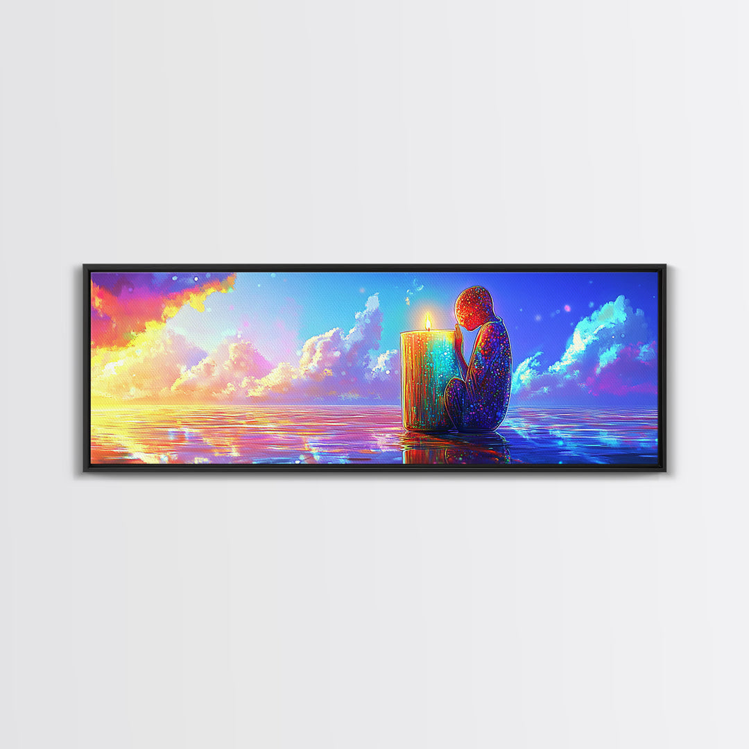 Solitary Figure Holding Candle By Sunset Sea Wall Art, Mystical Ocean Canvas Print, Spiritual Decor, Coastal Meditation Room Decor