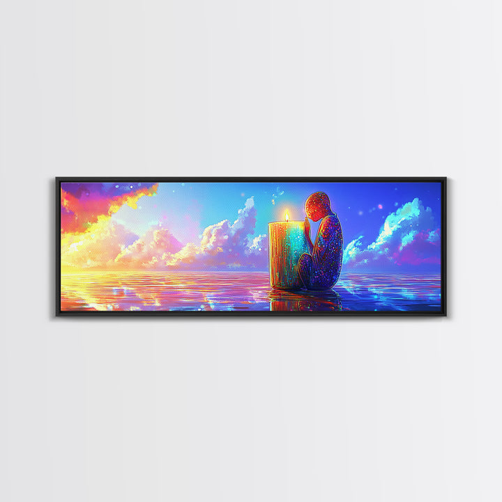 Solitary Figure Holding Candle By Sunset Sea Wall Art, Mystical Ocean Canvas Print, Spiritual Decor, Coastal Meditation Room Decor