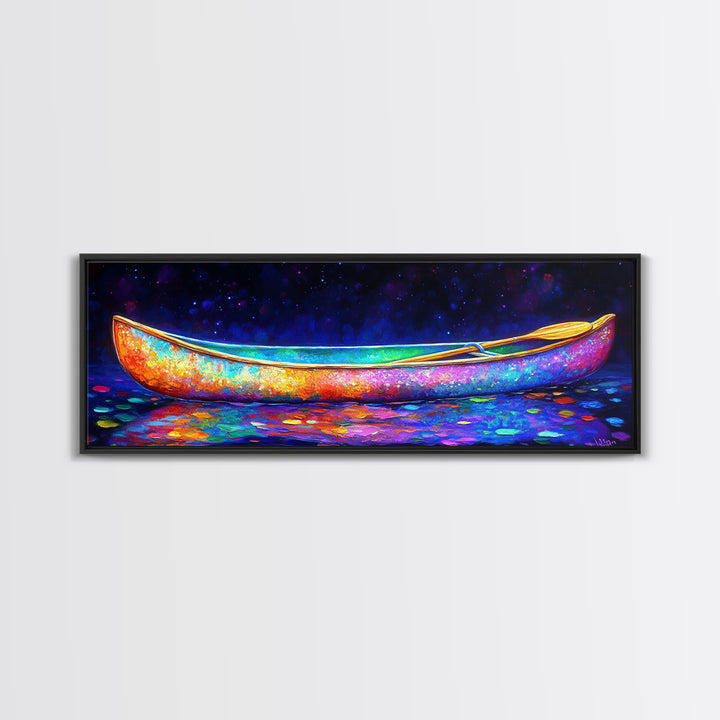 Rainbow Canoe Floating Under Starry Night Canvas Print, Nautical Wall Art, Colorful Coastal Decor, Lake House Statement Art