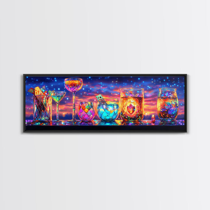 Glowing Cocktail Glasses At Twilight Wall Art, Colorful Bar Cart Canvas Print, Home Bar Decor, Martini And Wine Lover Gift