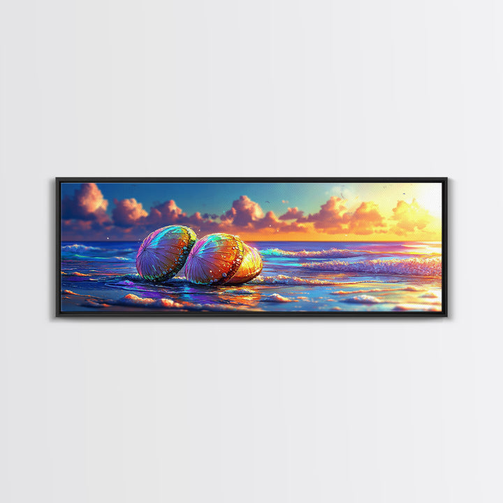 Sunlit Seashells On Ocean Shore Canvas Print, Coastal Wall Art, Beach House Decor, Nautical Seascape Living Room Decor Print
