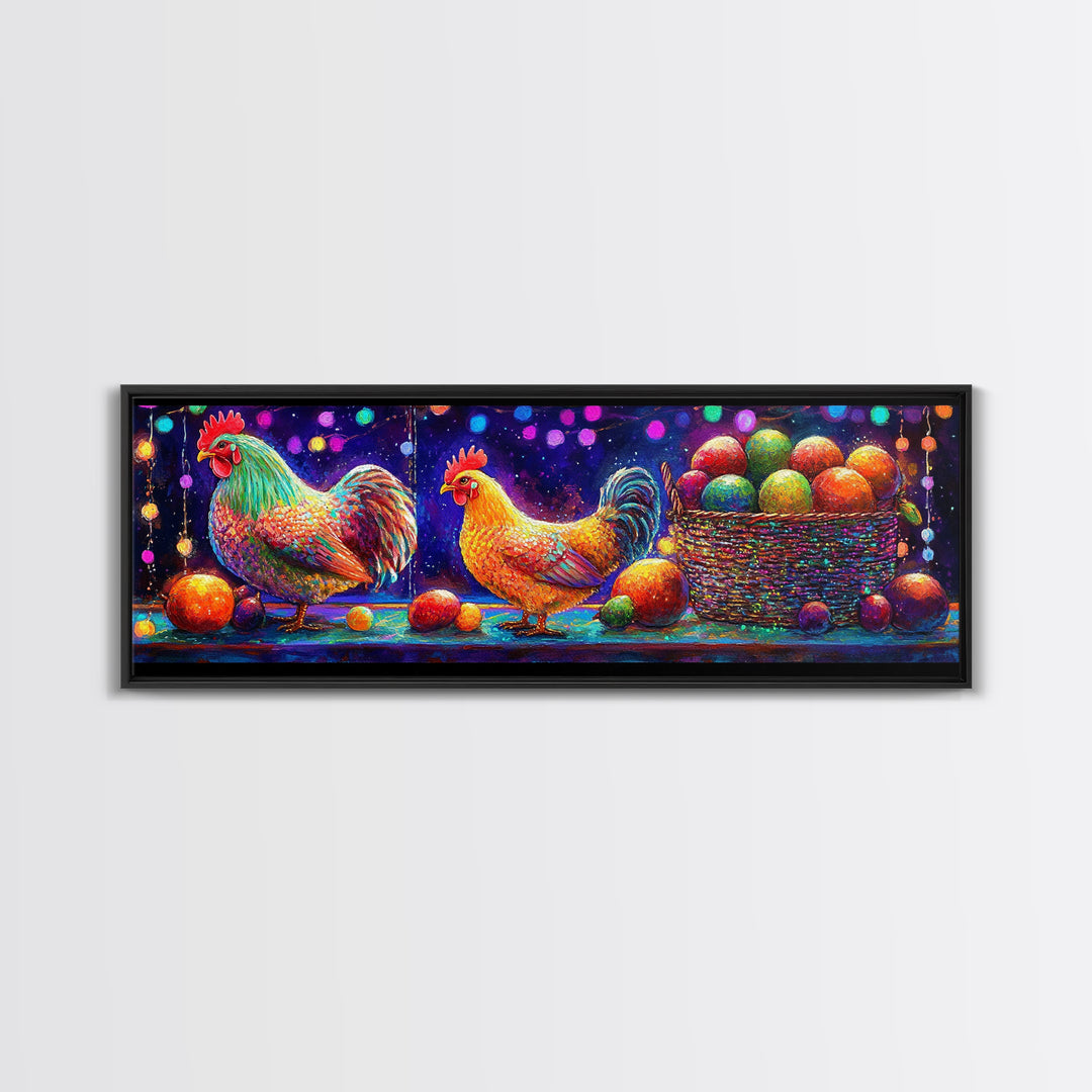 Colorful Roosters And Hen With Fruit Basket Canvas Print, Farmhouse Kitchen Wall Art, Chicken Art, Rustic Home Decor Gift
