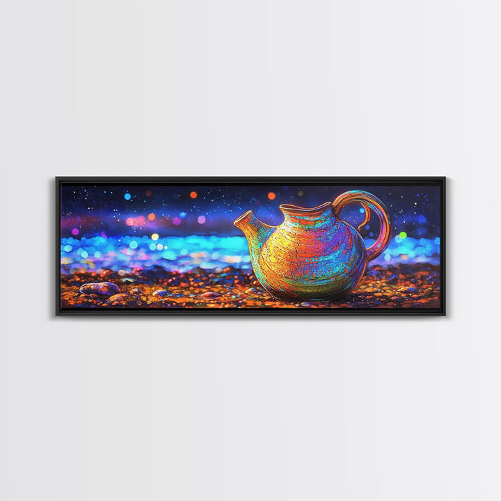 Iridescent Ceramic Pitcher Under Starry Lights Framed Canvas Print, Colorful Kitchen Wall Art, Modern Home Decor, Unique Gift