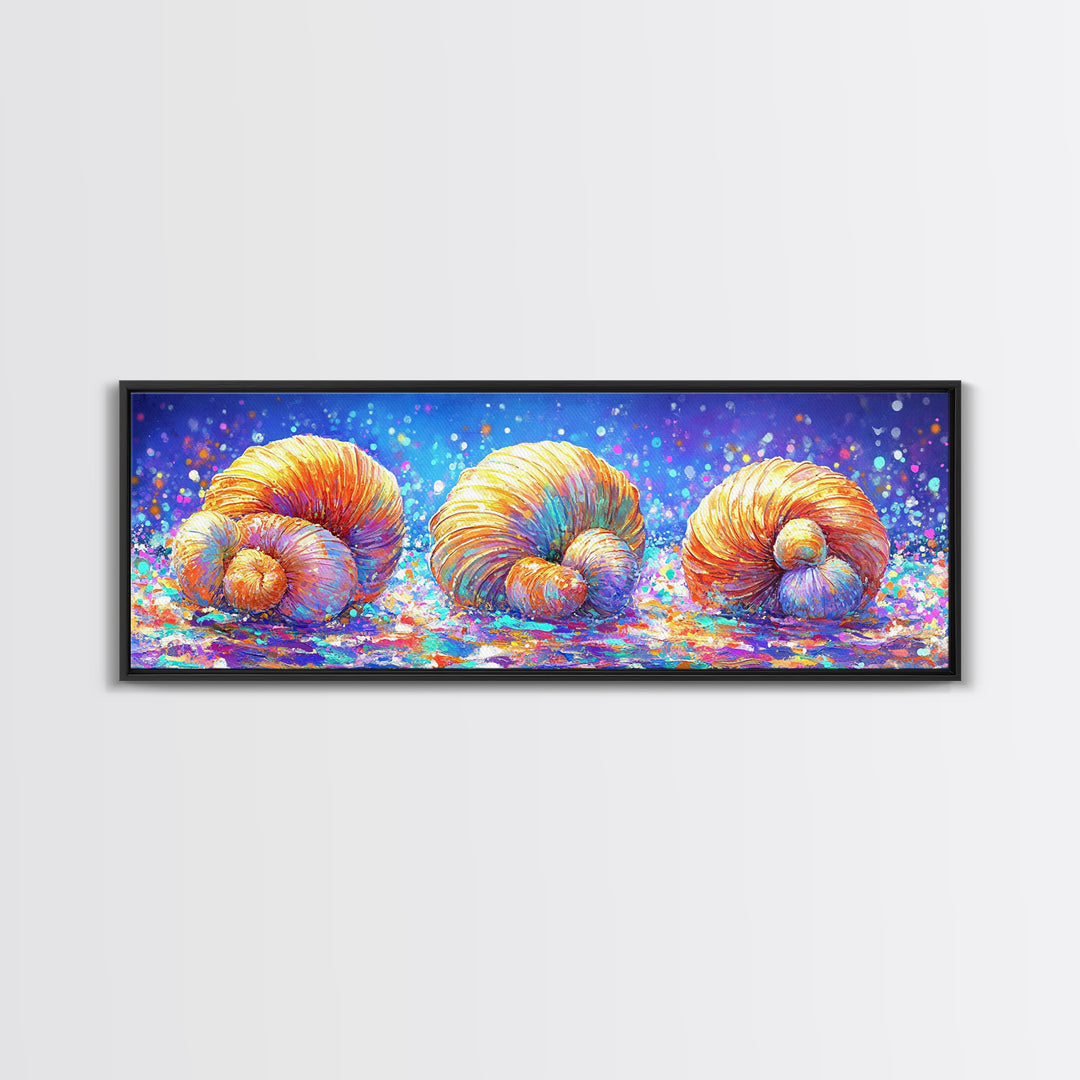 Three Radiant Seashells In Confetti Light Canvas Print, Coastal Wall Art, Beach House Decor, Nautical Bathroom Wall Decor