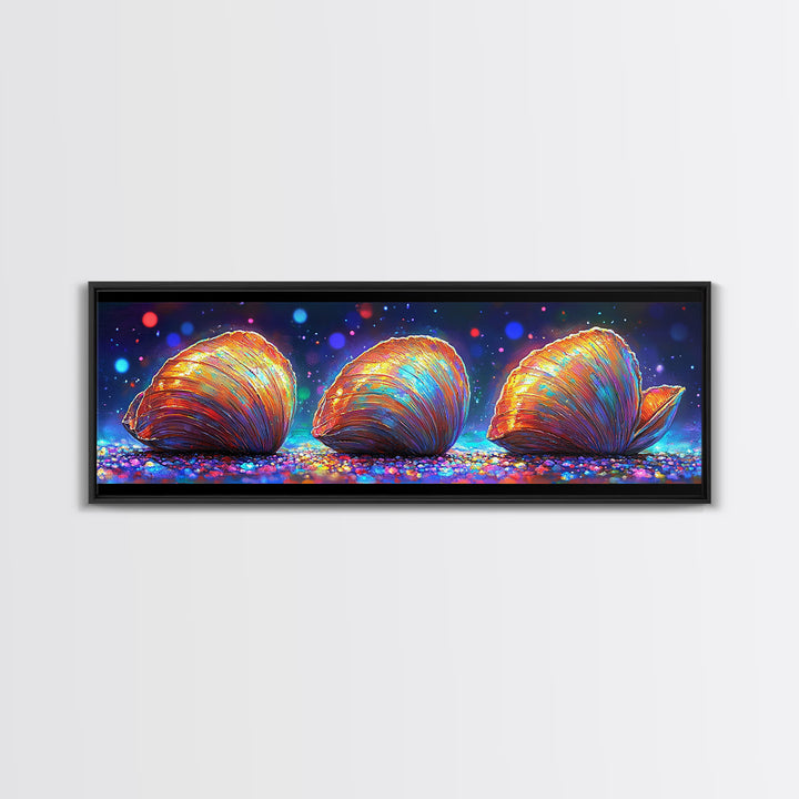 Three Glowing Seashells Canvas Print, Coastal Wall Art, Ocean Bathroom Decor, Beach House Gift, Colorful Nautical Art Print