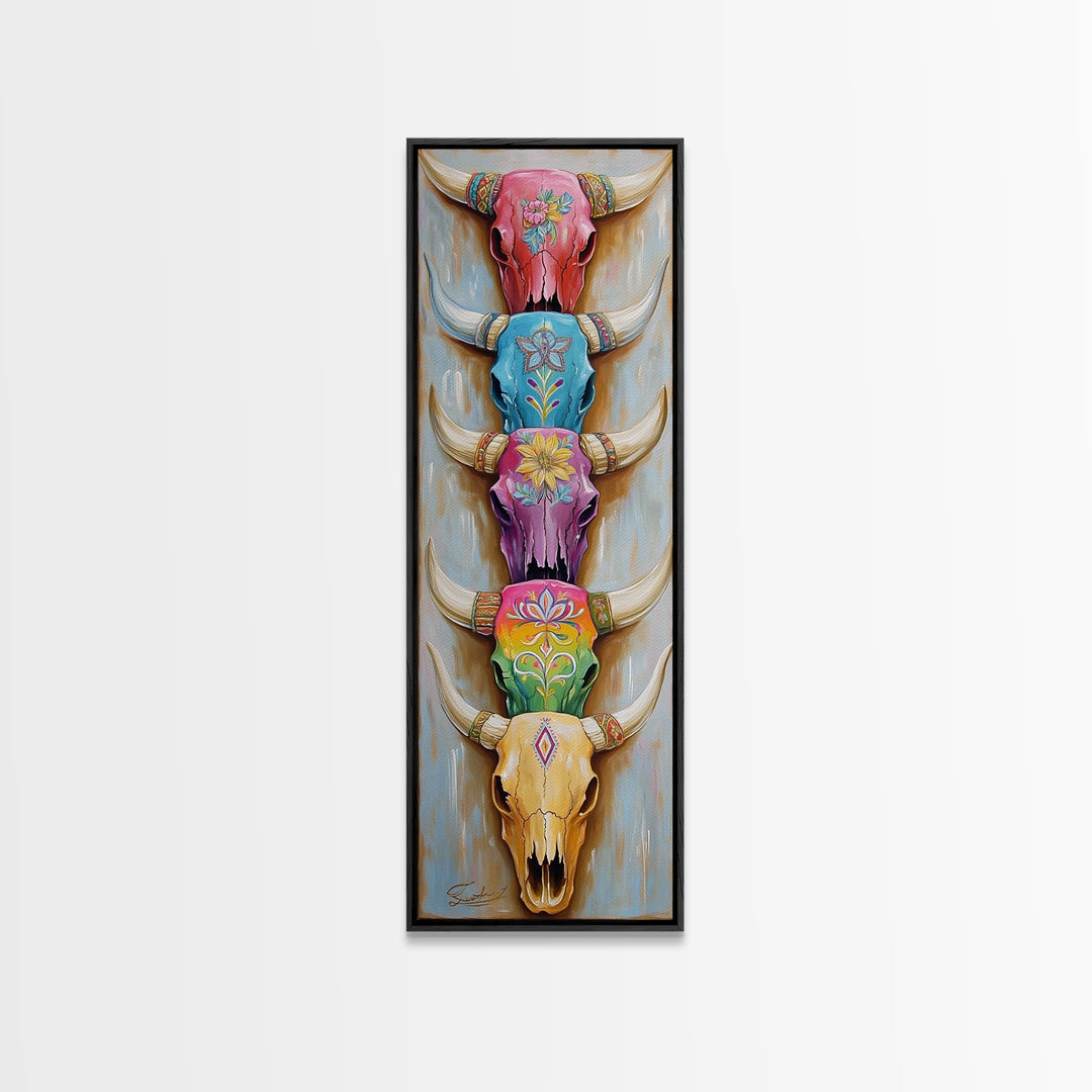 Stacked Painted Longhorn Skulls Wall Art, Southwestern Western Decor, Cowgirl Framed Canvas Print, Boho Ranch Home Decor