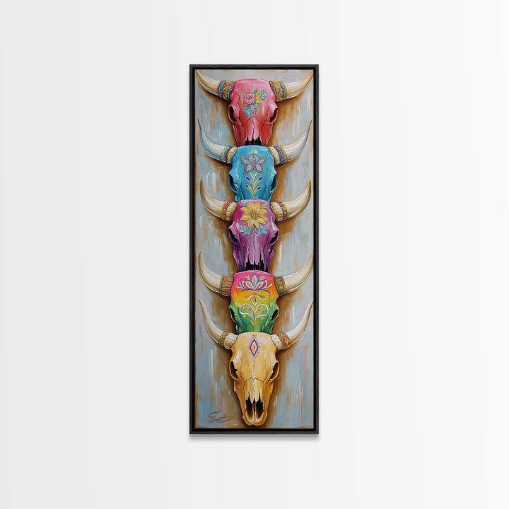 Stacked Painted Longhorn Skulls Wall Art, Southwestern Western Decor, Cowgirl Framed Canvas Print, Boho Ranch Home Decor