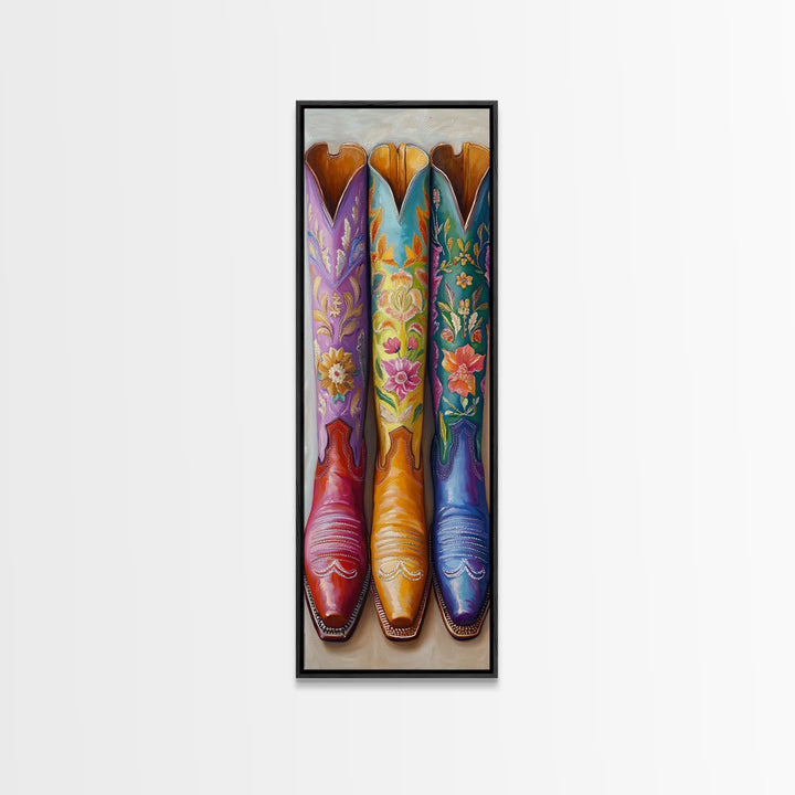 Three Tall Floral Cowboy Boots Wall Art, Western Cowgirl Decor, Southwestern Framed Canvas Print, Rustic Bedroom Wall Decor