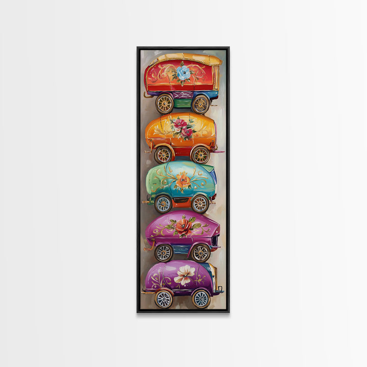 Whimsical Floral Covered Wagons Wall Art, Western Framed Canvas Print For Nursery Kitchen Living Room Home Decor Gift For Her