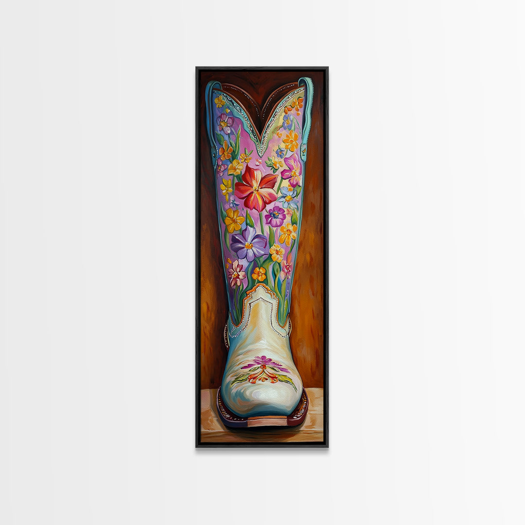 Turquoise Floral Cowboy Boot Framed Canvas Print, Western Cowgirl Wall Art, Boho Rodeo Decor, Southwestern Living Room Art