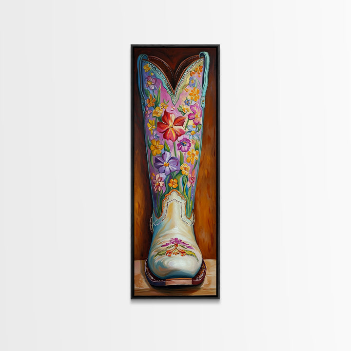 Turquoise Floral Cowboy Boot Framed Canvas Print, Western Cowgirl Wall Art, Boho Rodeo Decor, Southwestern Living Room Art