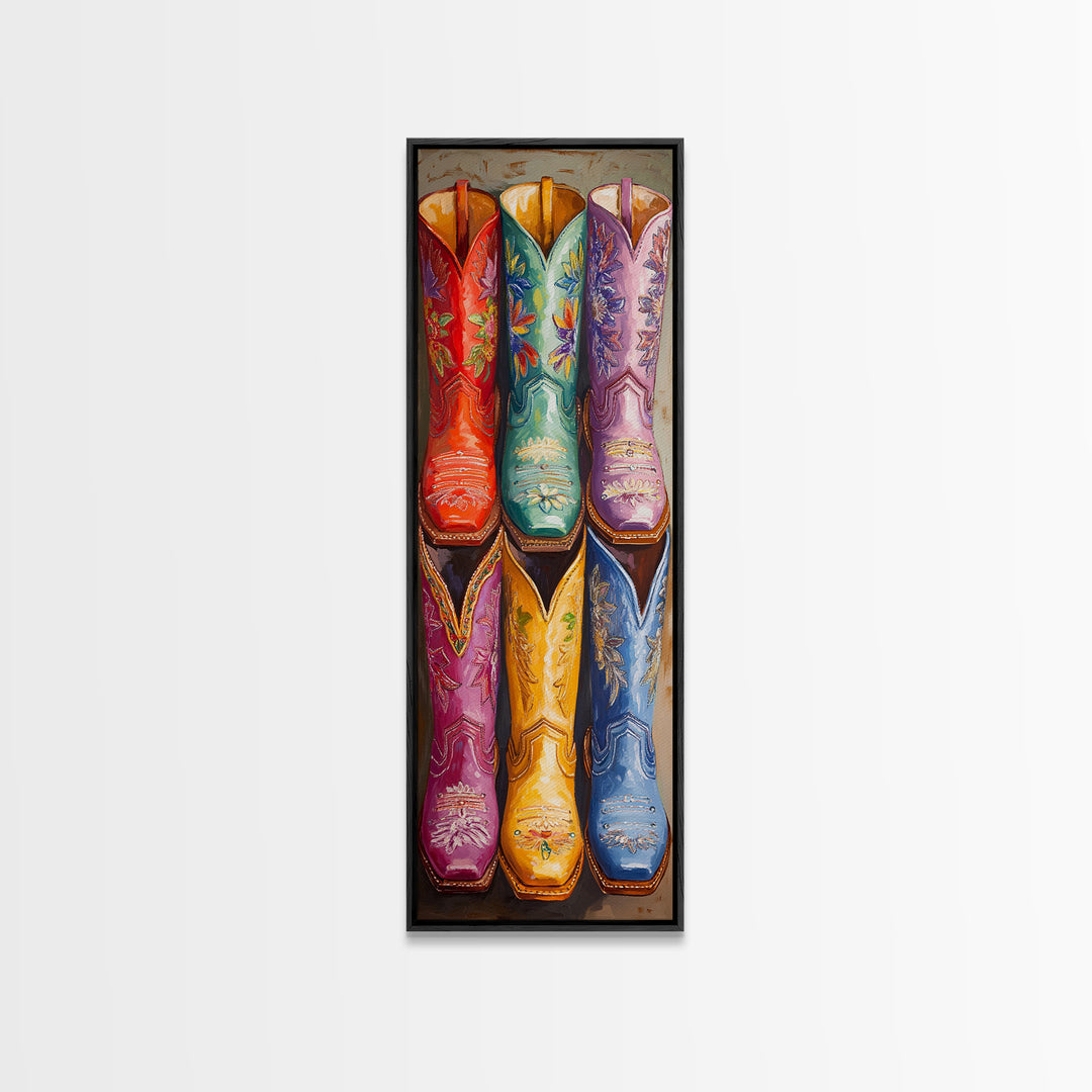 Bright Embroidered Western Boots Framed Canvas Print, Cowgirl Wall Art, Rodeo Decor, Boho Farmhouse Living Room Home Decor Gift