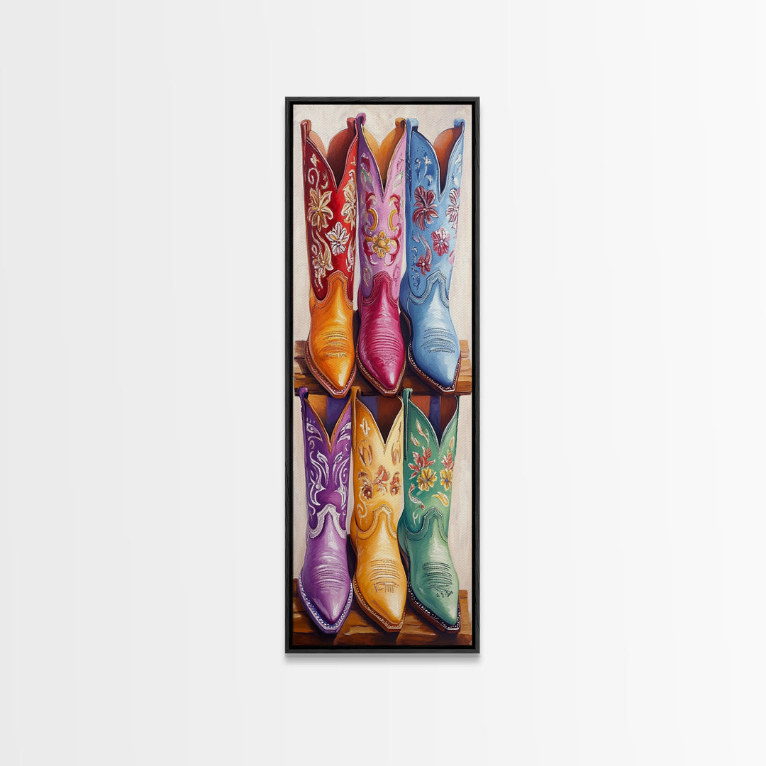 Six Embroidered Cowboy Boots Framed Canvas Print, Western Wall Art, Cowgirl Decor, Rustic Home Decor, Farmhouse Wall Decor