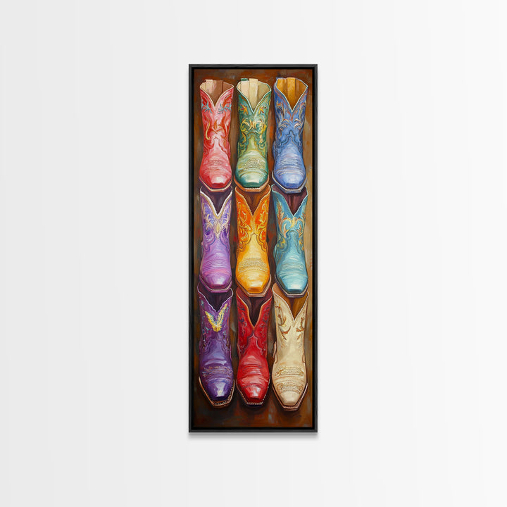 Vivid Embroidered Western Boots Framed Canvas Print, Cowgirl Wall Art, Southwestern Decor, Rustic Wall Decor, Gift For Her