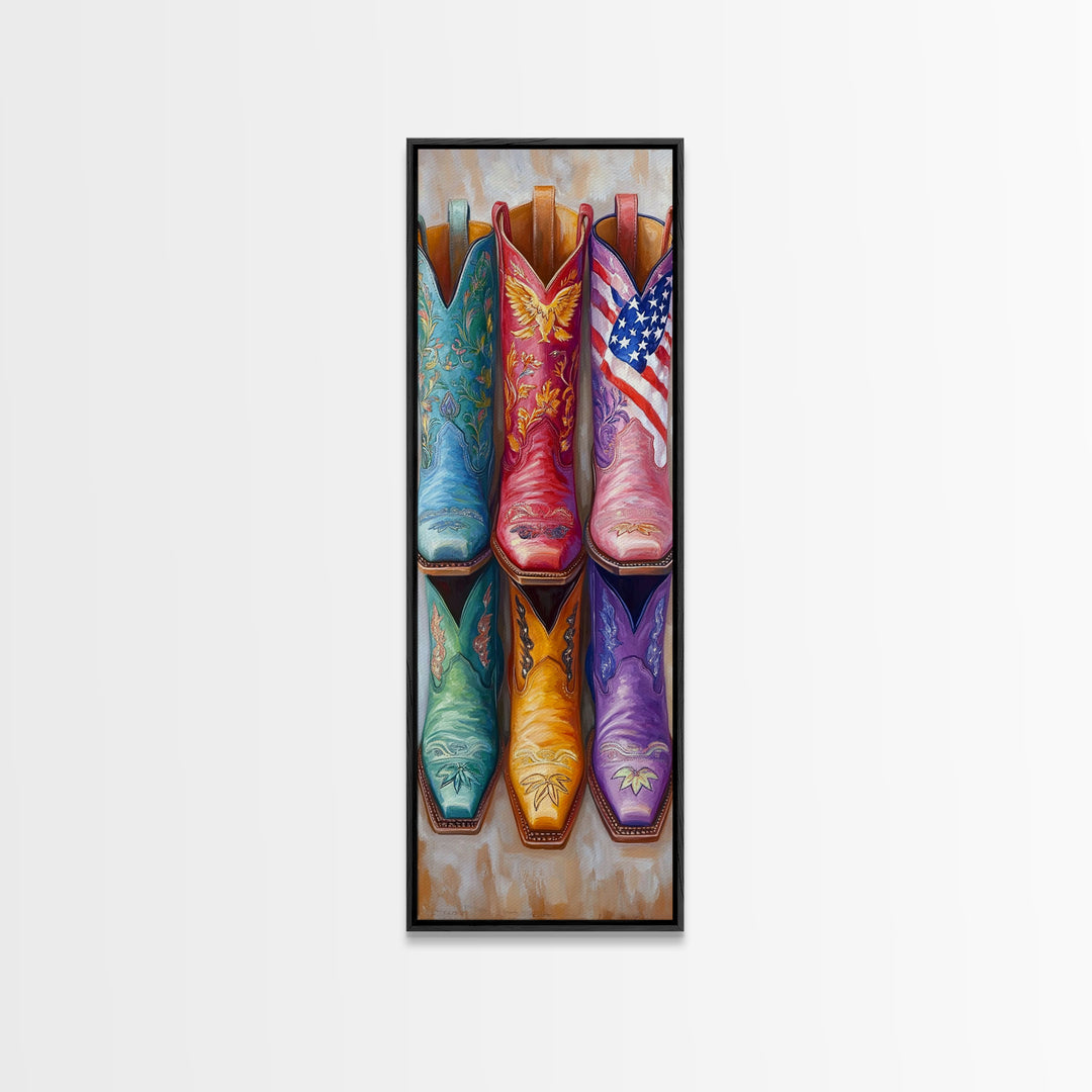 Patriotic Colorful Cowboy Boots Wall Art, Western Cowgirl Decor, Americana Canvas Print, Rustic Ranch Housewarming Gift Idea