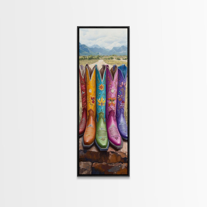 Bright Cowboy Boots In Desert Landscape Wall Art, Western Cowgirl Canvas Print, Southwestern Ranch Home Decor Gift For Living Room