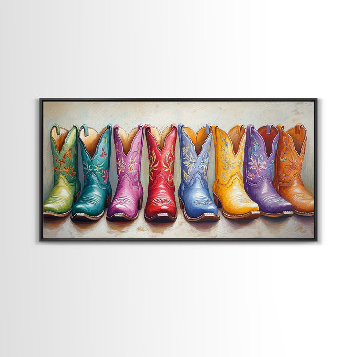 Bright Embroidered Cowboy Boots Wall Art, Western Cowgirl Canvas Print For Boho Bedroom Decor And Rustic Ranch Home Decor
