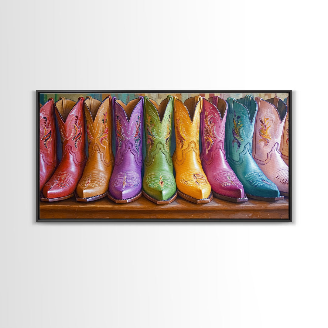 Bright Leather Cowgirl Boots With Floral Stitching Wall Art, Western Decor, Boho Wall Art Print, Rustic Farmhouse Gift For Her