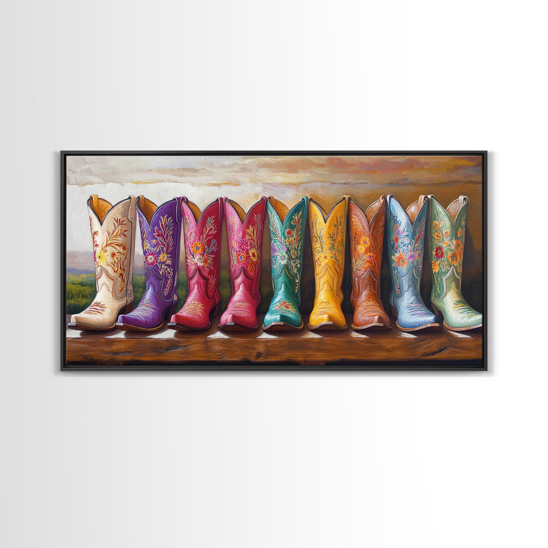 Tall Floral Cowboy Boots Framed Canvas Print, Western Wall Art, Cowgirl Room Decor, Rodeo Gift, Rustic Farmhouse Decor, Above Sofa Art