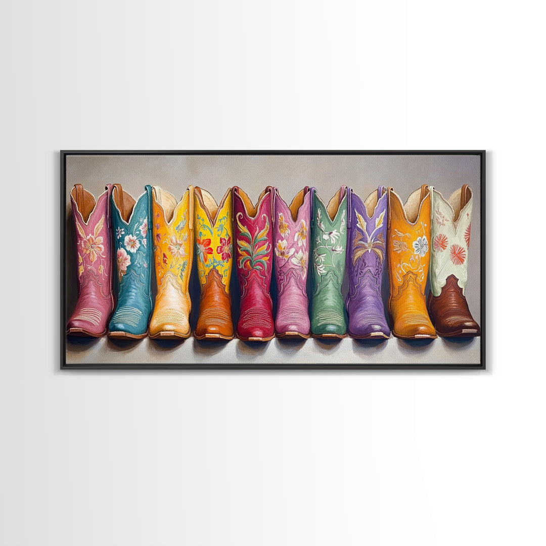 Floral Embroidered Western Boots Framed Canvas Print, Cowgirl Wall Art, Rodeo Room Decor, Rustic Ranch Gift, Boho Decor, Home Decor